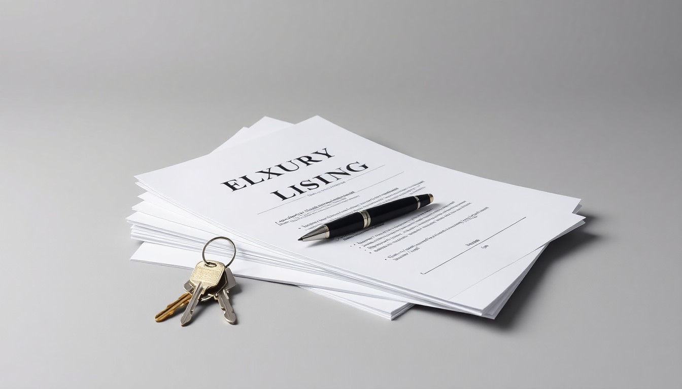 A minimalist studio still life photograph featuring a stack of luxury real estate documents, a designer pen, and a set of house keys, conveying a sense of professionalism and exclusivity in the high-end residential market.
