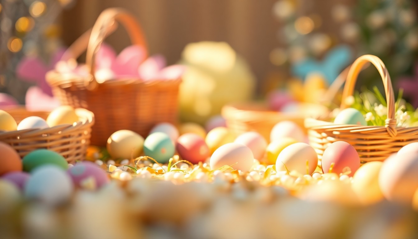 An abstract, impressionistic scene of blurred Easter baskets, plastic eggs, and other holiday objects in a soft, warm color palette, conveying the joyful, family-friendly atmosphere of the community event.