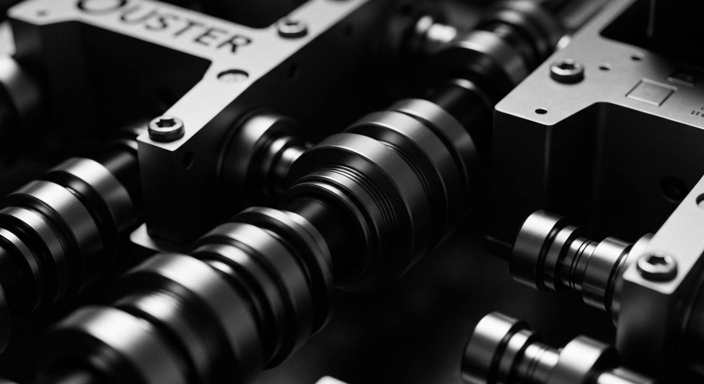 A high-contrast, cinematic close-up of the intricate mechanical parts and sensors that make up Ouster's lidar technology, conveying the precision and complexity of the company's advanced sensor systems.