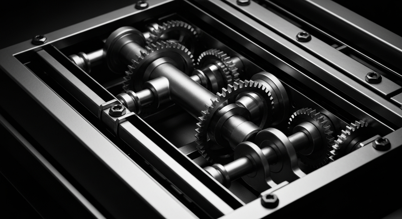 A high-contrast, cinematic close-up of the internal gears and mechanisms of a modern payroll processing machine, representing the reliable financial infrastructure that powers Paychex's services.