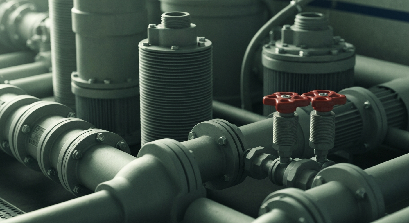 A close-up, cinematic view of intricate pool equipment and machinery, such as filters, pumps, and valves, in muted industrial tones, conveying the robust infrastructure and engineering behind the pool supply industry.