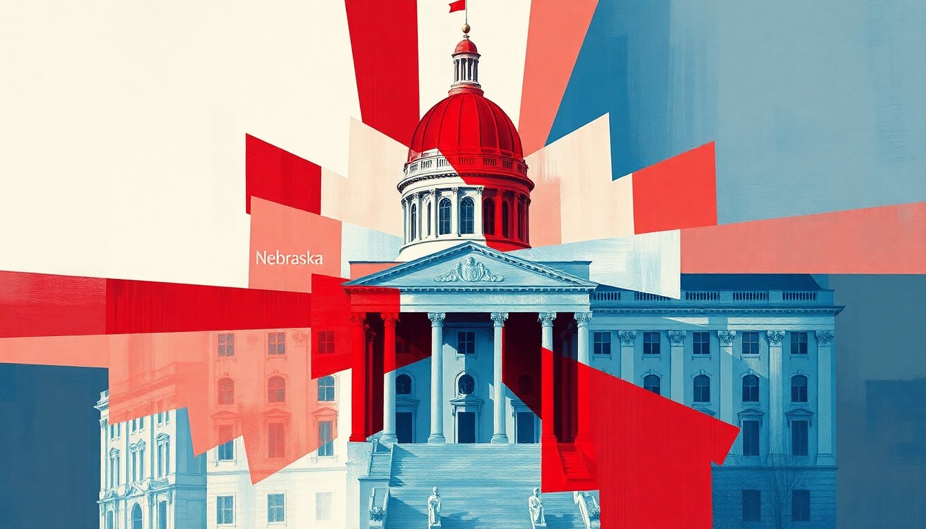 A dynamic, abstract painting featuring overlapping, fragmented shapes and lines in shades of red, white, and blue, conceptually representing the political tensions and uncertainties surrounding the Nebraska House race.
