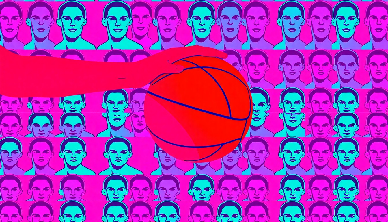 A brightly colored, high-contrast silkscreen print of a basketball being passed between two players, repeated in a tight grid pattern, capturing the energy and excitement of the charity basketball game.