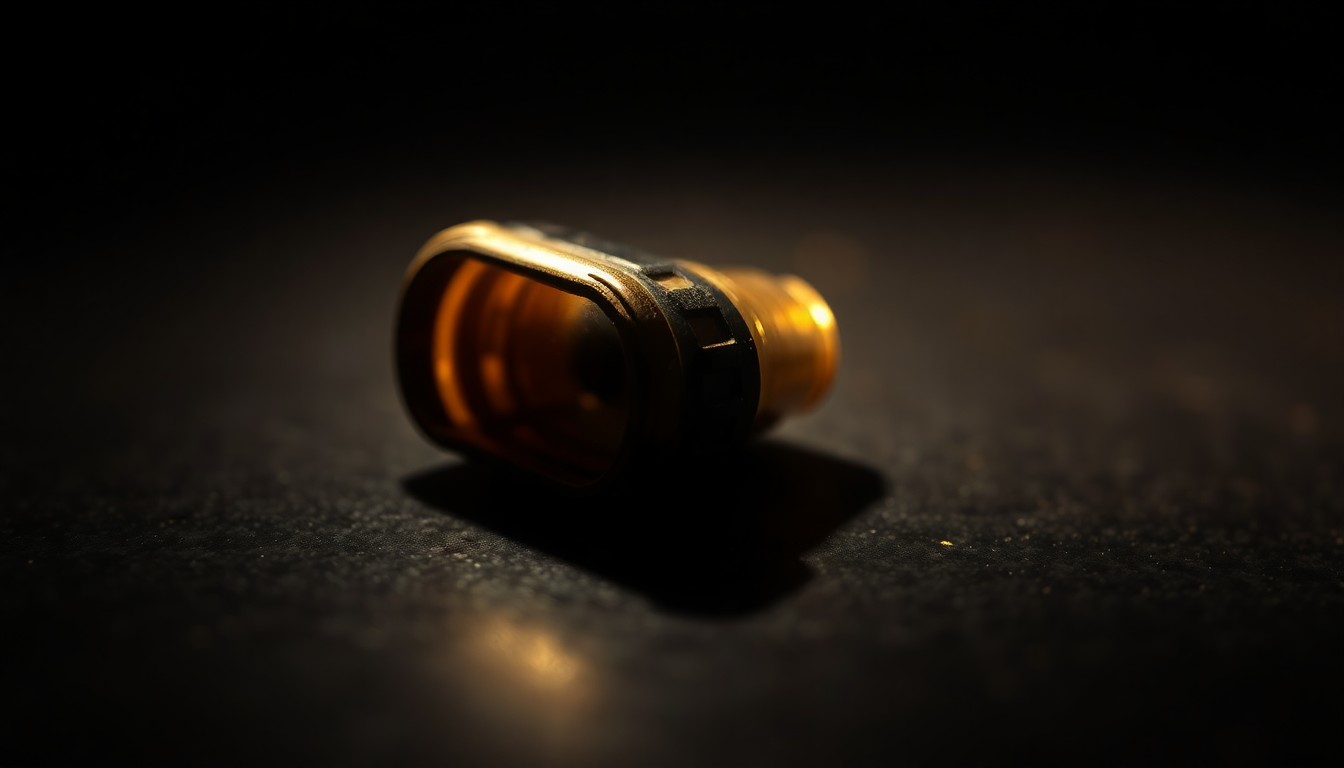 An extreme close-up photograph of a spent shell casing on a dark surface, lit by a harsh, direct camera flash, conceptually illustrating the violence and danger faced by law enforcement officers.