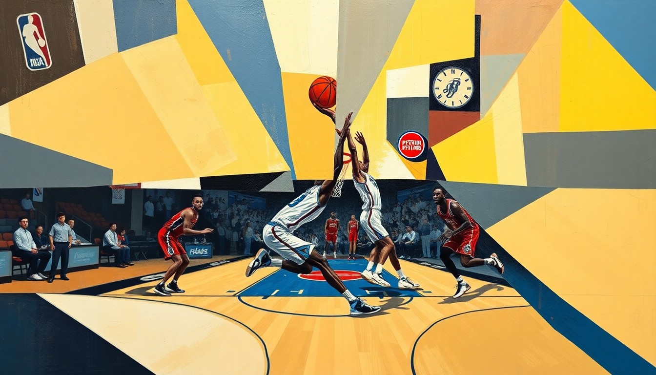 A fragmented, cubist-style painting depicting the dynamic movements and energy of a basketball game, with the players and court rendered in sharp, overlapping geometric shapes and planes of color.