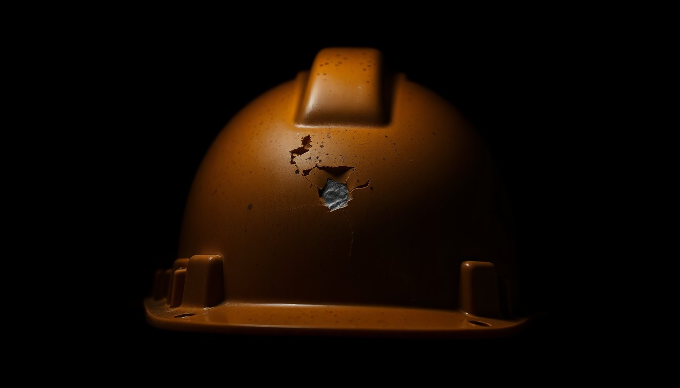 An extreme close-up photograph of a mining hard hat with a visible crack or dent, lit by a harsh, direct camera flash against a pitch-black background, conveying the gritty, investigative nature of this workplace accident.