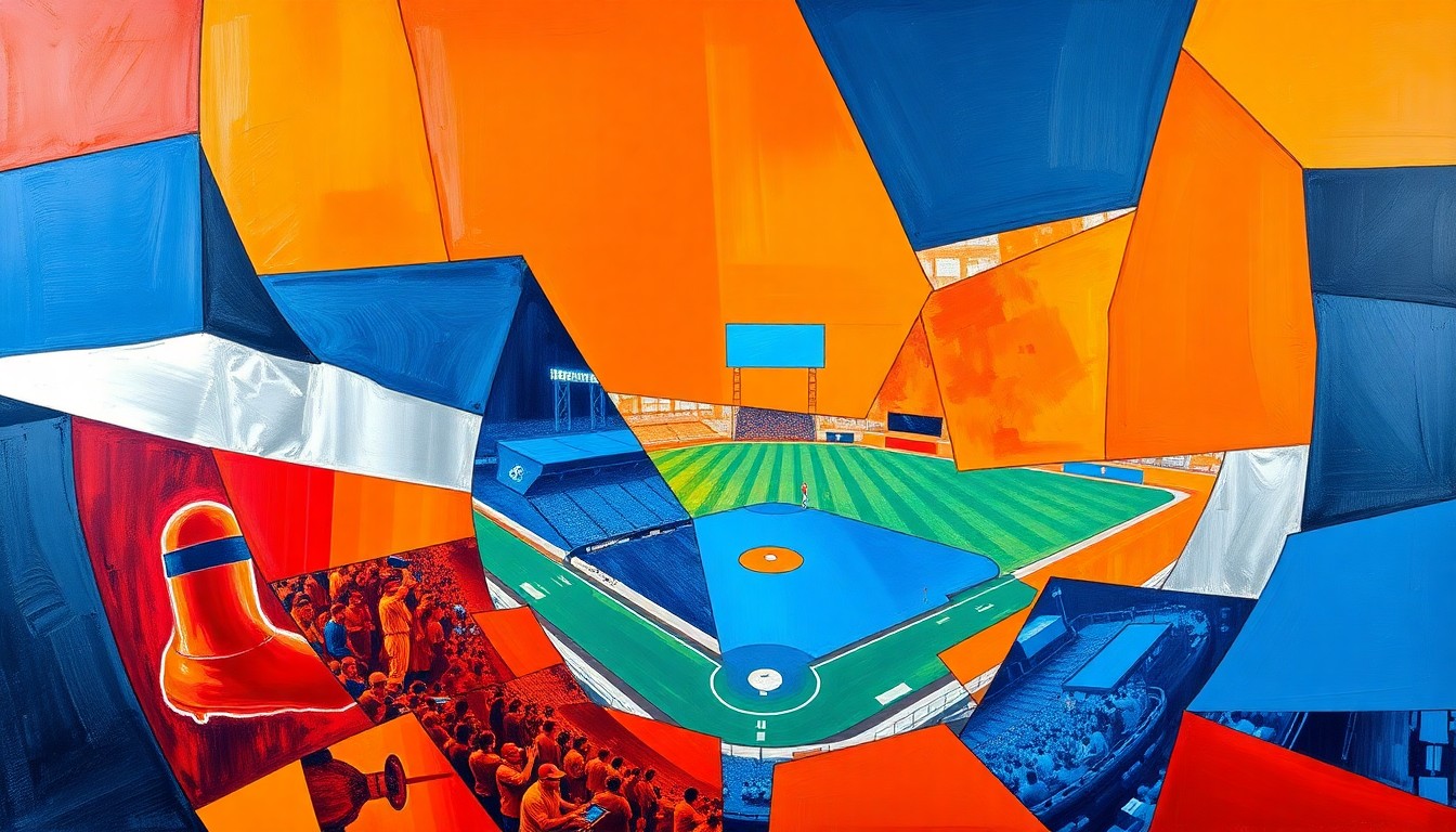 A fragmented, geometric painting depicting a baseball game in motion, with overlapping shapes and planes of vibrant colors representing the action on the field.