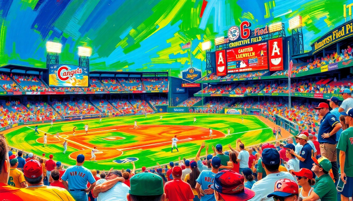 An abstract, energetic painting in neon colors depicting the movement and energy of a baseball game, with players and fans blending into a dynamic, colorful scene.