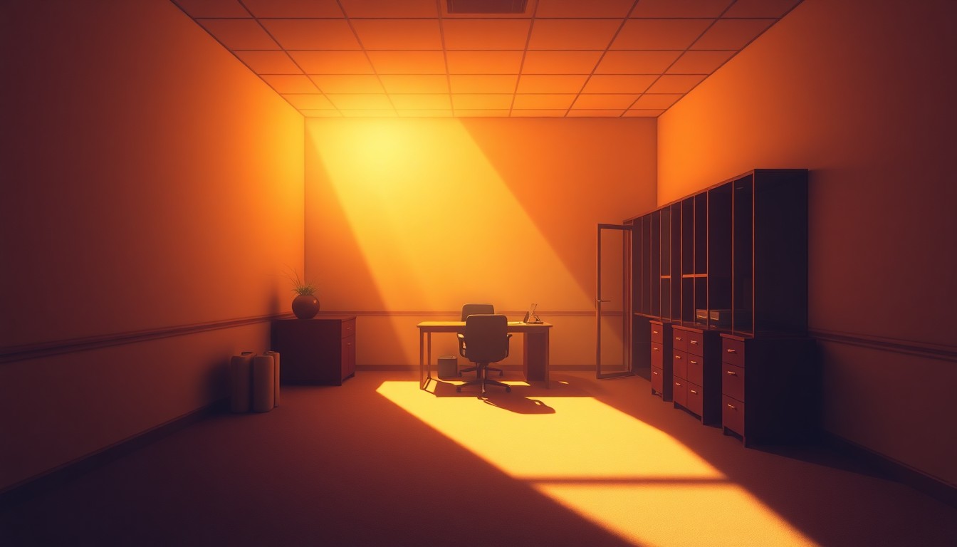 A dimly lit, cinematic government office space with a single desk and chair in the center, the scene bathed in warm, diagonal sunlight and deep shadows, conceptually representing the quiet, behind-the-scenes workings of state utility regulation.