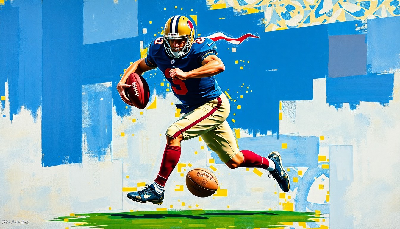 A fractured, geometric painting depicting a football player in mid-stride, with the ball and limbs deconstructed into sharp, overlapping planes of navy, burgundy, and gold, capturing the explosive athleticism of the Commanders' new tight end.
