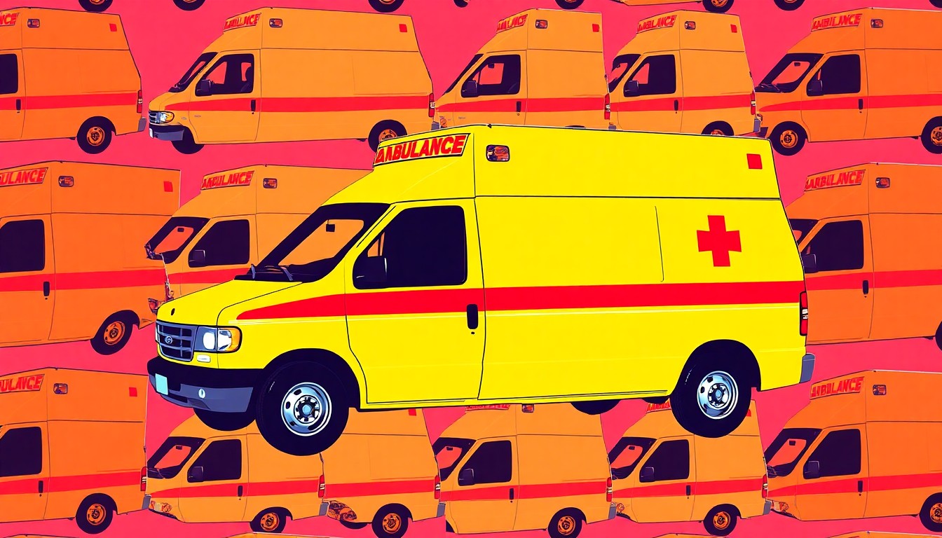 A vibrant, high-contrast silkscreen print depicting a repeating grid of a single, iconic ambulance vehicle in a neon color palette, capturing the modernization of emergency response technology in Rahway, New Jersey.