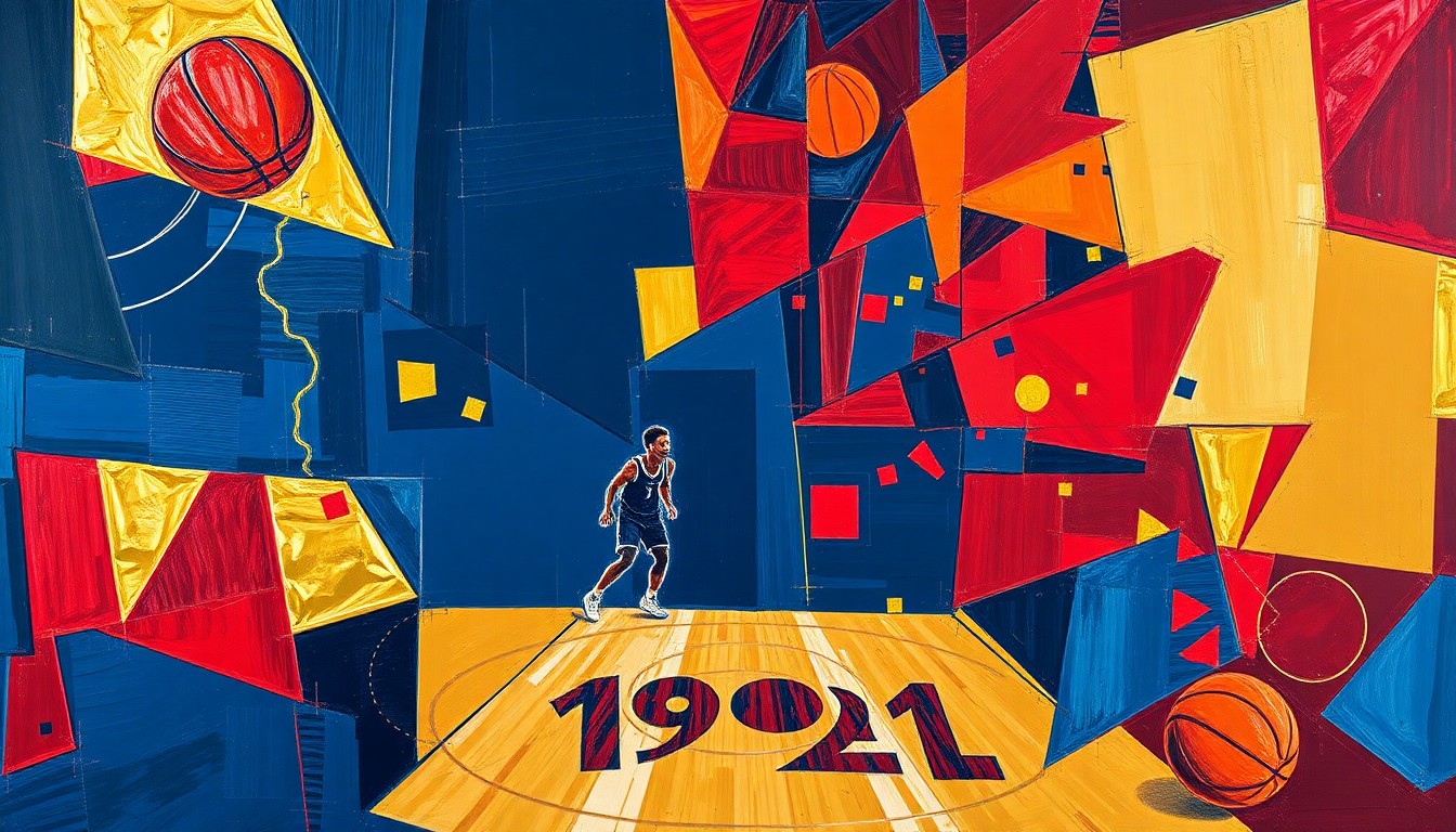 A fragmented, geometric painting depicting a basketball game or playoff competition, with sharp planes of navy, crimson, and gold overlapping to create a conceptual illustration of the Cavaliers' strategic considerations for the postseason.