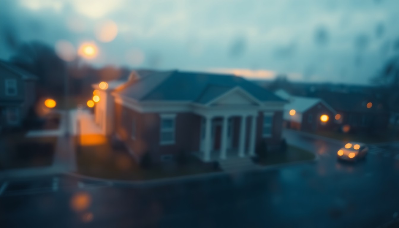 An abstract, impressionistic scene of a small-town county courthouse and surrounding neighborhood, captured in soft, blurred brushstrokes of warm light and color.