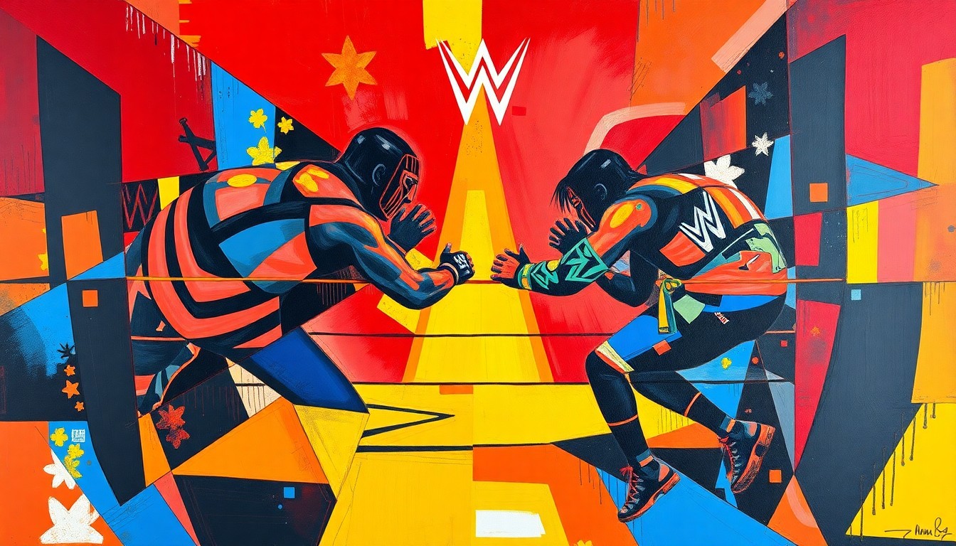 A cubist, geometric painting depicting a wrestling match, with the figures and ring broken down into sharp, overlapping planes of color.