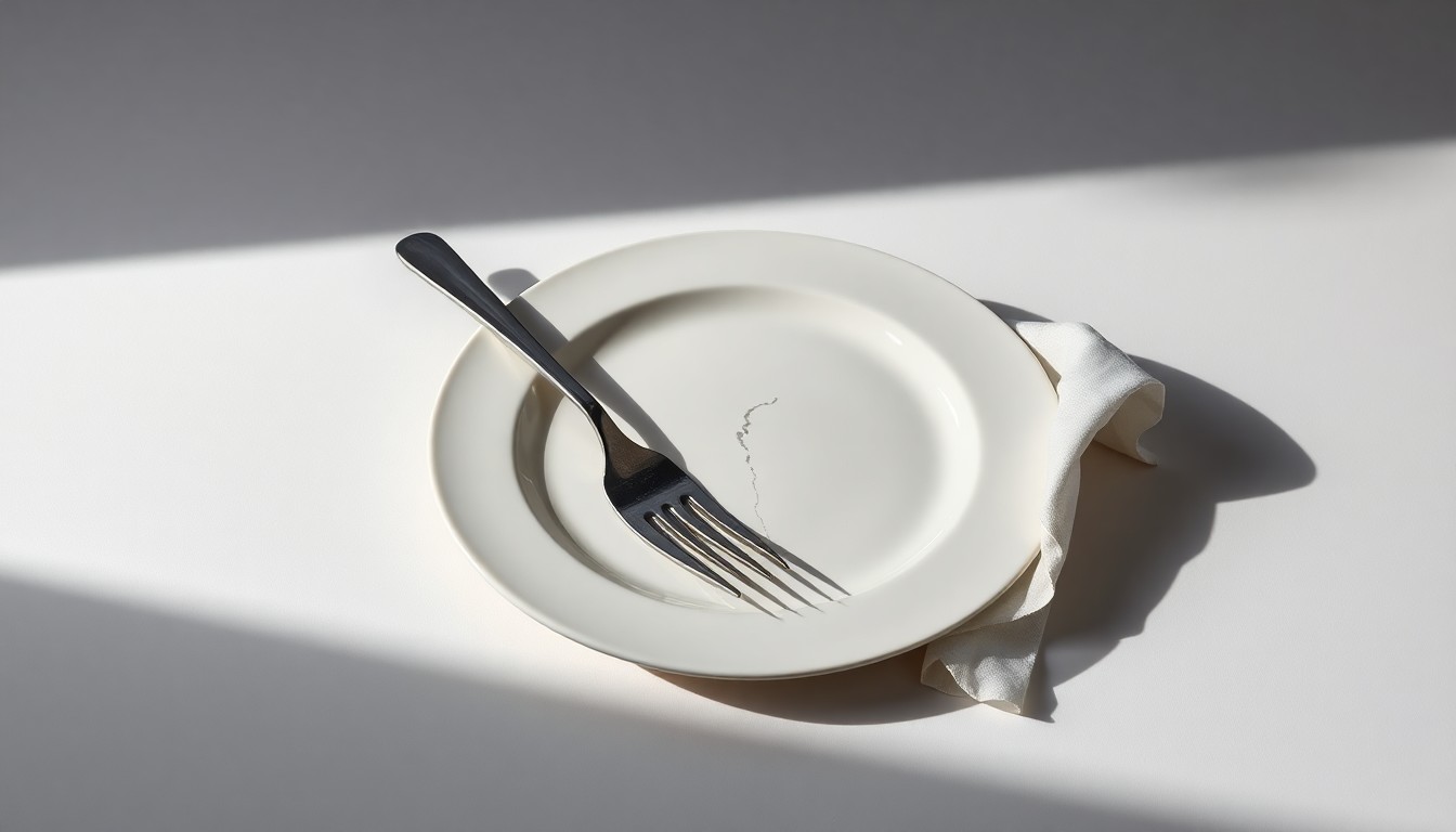 A minimalist, photorealistic studio still life featuring a broken ceramic plate, a tarnished fork, and a crumpled napkin arranged on a clean, monochromatic background, conceptually representing the difficulties facing the restaurant industry.