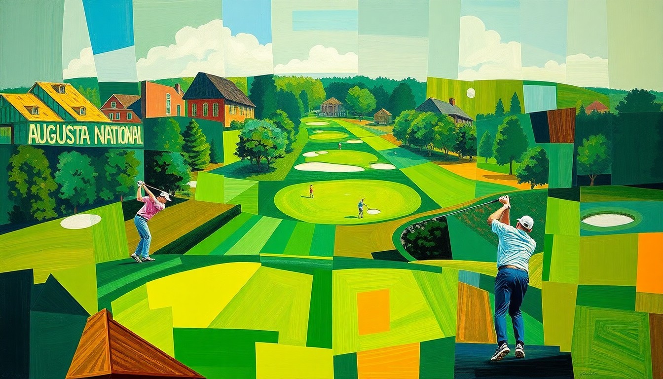 A fractured, multi-perspective painting depicting the iconic Augusta National golf course and the swinging motions of professional golfers, broken down into sharp, overlapping geometric planes in a vibrant color palette of greens, browns, and blues.