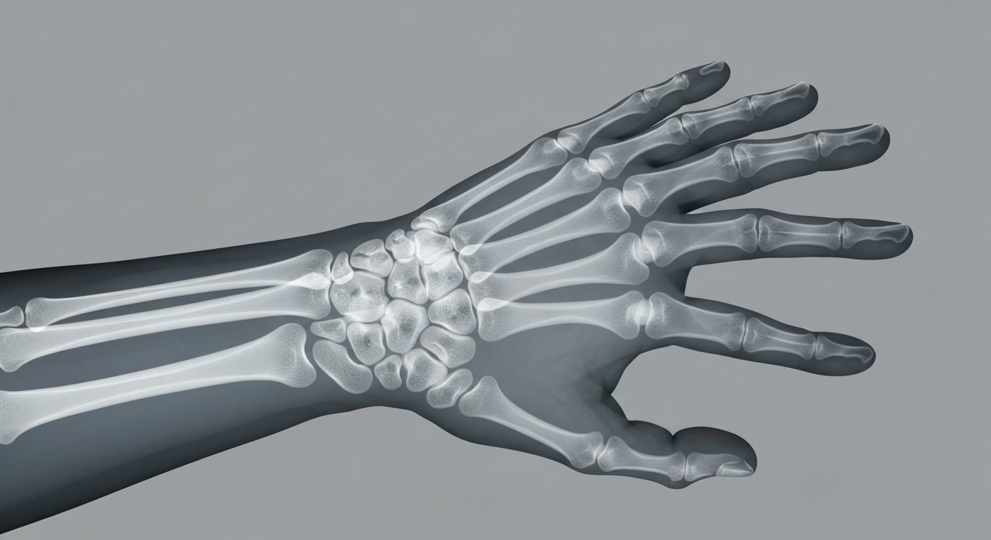 A ghostly, translucent X-ray photograph revealing the intricate bone structure of an elderly person's hand, conveying a sense of vulnerability and the need for compassionate healthcare.
