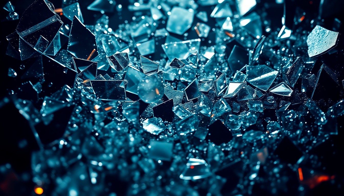 An extreme close-up of shattered glass and metallic textures in dramatic, high-contrast lighting, conveying the polished, high-energy aesthetic of Trim's new single.