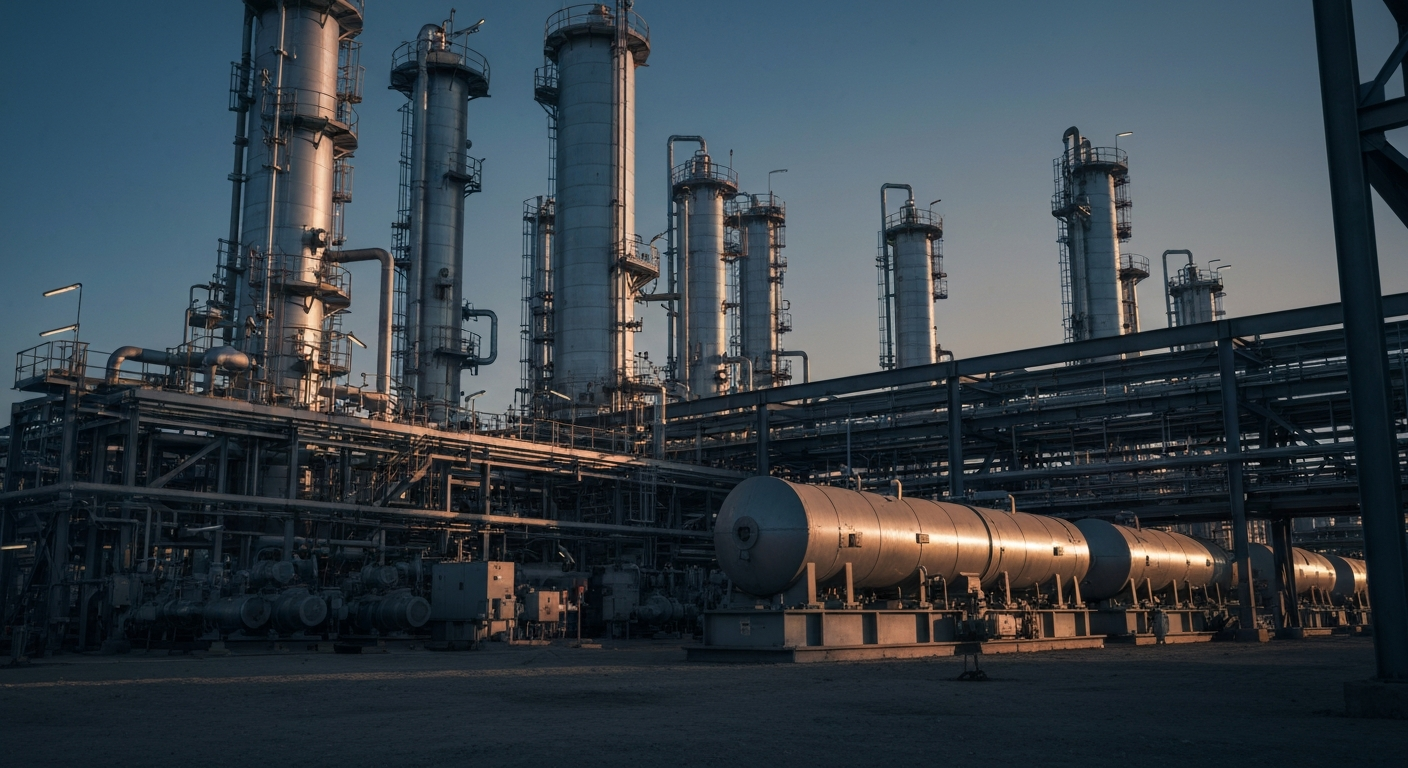 An extreme close-up of the intricate, heavy machinery and equipment used in natural gas liquefaction, conveying the complex industrial nature of the technology without any text or identifiable elements.