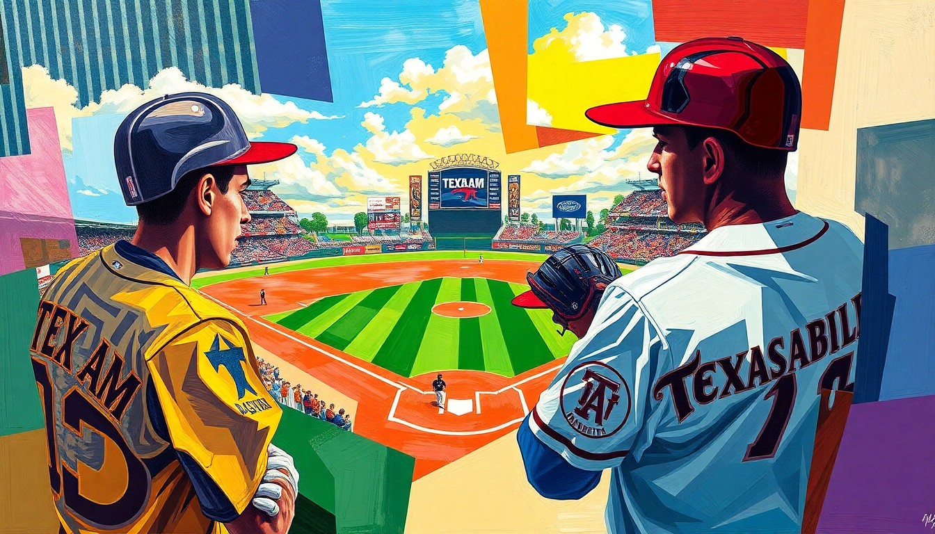 A fractured, multi-perspective painting depicting a college baseball game, with the players and field broken down into sharp, overlapping geometric planes in vibrant colors.
