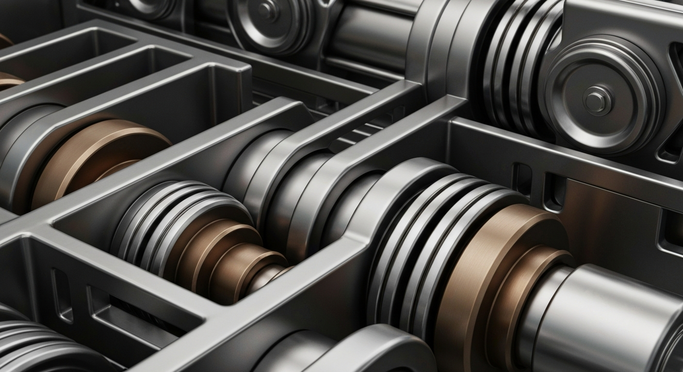 An extreme close-up of the intricate gears, levers, and polished metal components of a large banking machine, conveying a sense of institutional strength and financial security through its heavy, industrial design.