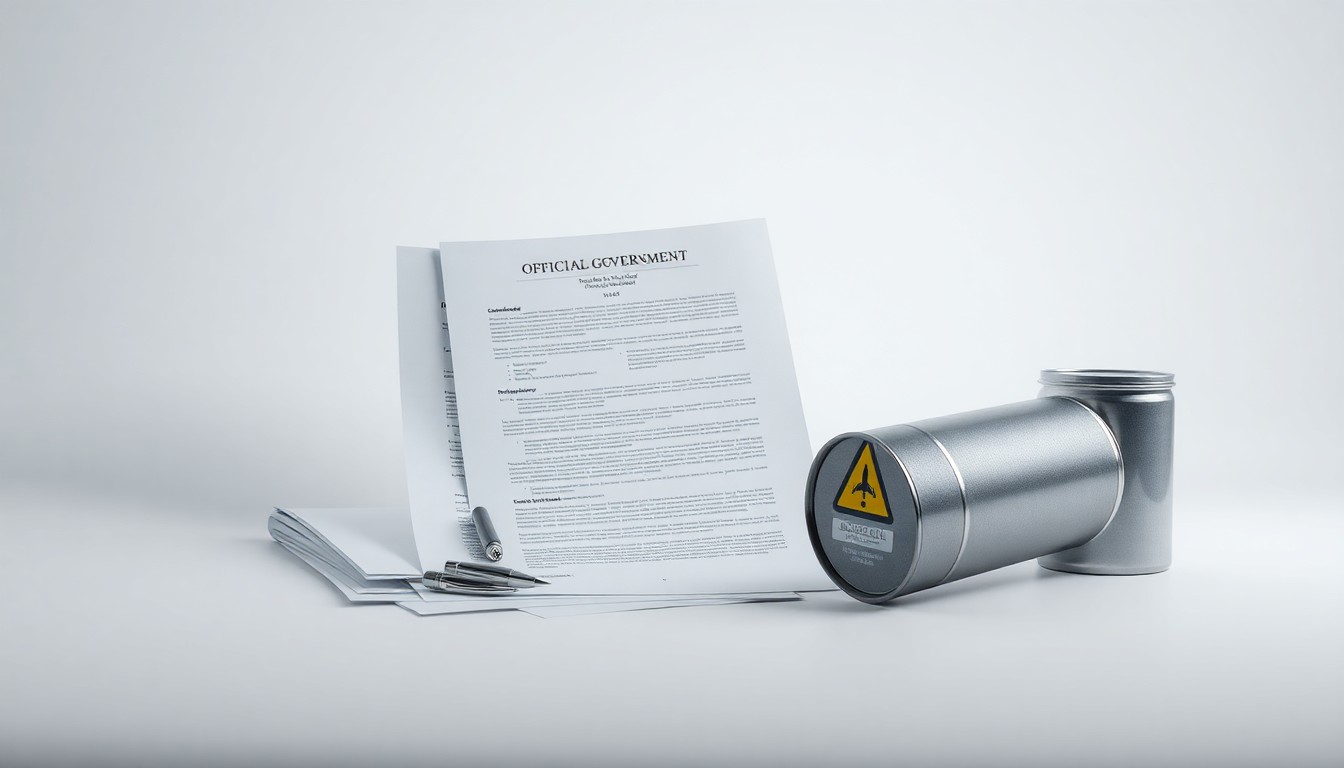 A minimalist studio photograph featuring a stack of official documents, a pen, and a metal hazardous waste container arranged on a clean white background, conceptually representing the streamlining of environmental regulations.