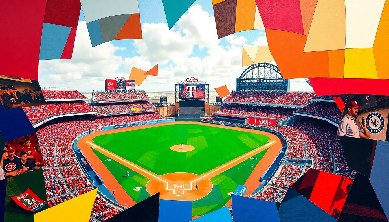 A fractured, geometric painting in bold colors representing a baseball game between two teams, with the players and field broken down into overlapping planes and shapes.