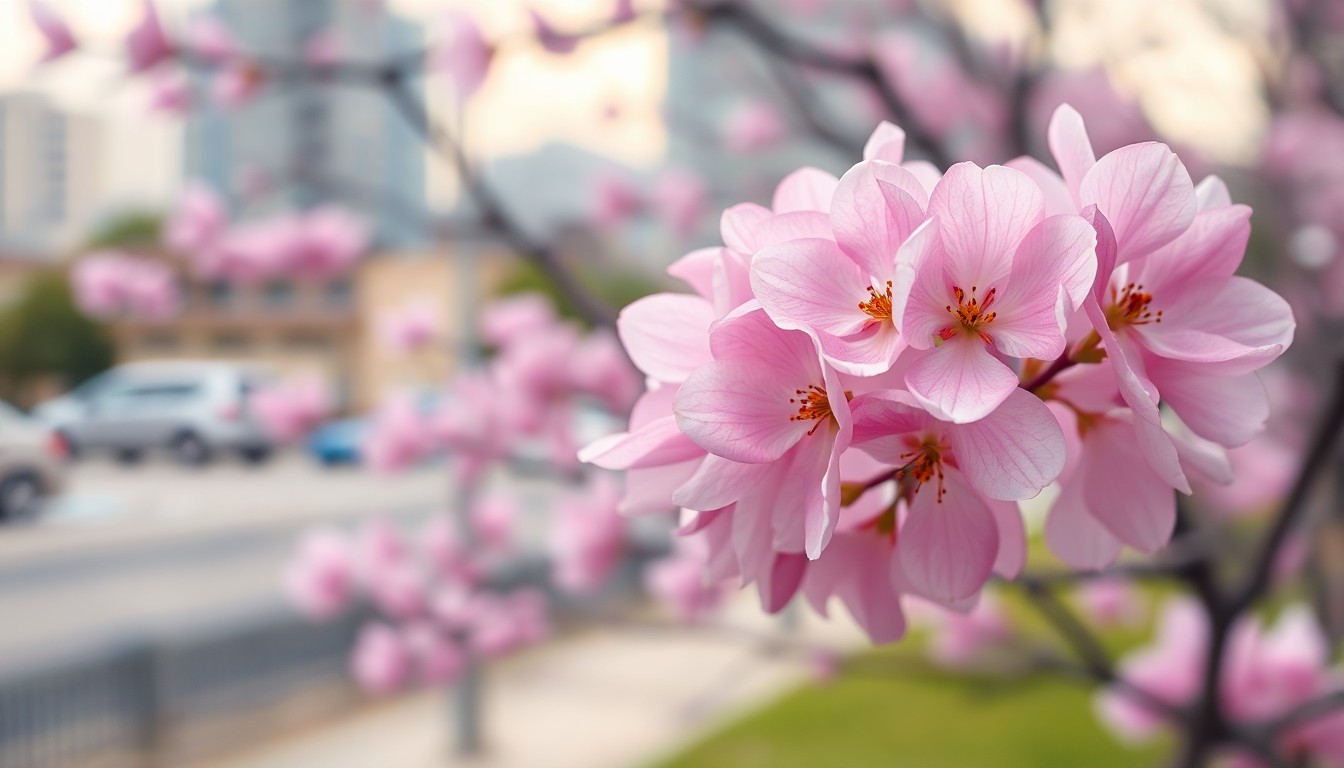 An extremely abstracted, out-of-focus photograph shot through condensation or rain-streaked glass, composed of soft, warm pools of light and color depicting a cluster of delicate dogwood blossoms in the foreground and a blurred urban landscape in the background, conceptually representing the serene and vibrant atmosphere of Knoxville's annual dogwood festivities.