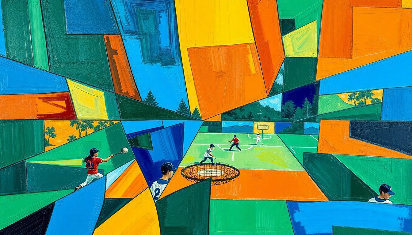 A fractured, geometric painting in vibrant colors depicting overlapping perspectives of a high school sports match, capturing the raw energy and dynamics of the game.