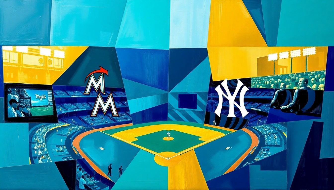 A fragmented, geometric painting in bold colors depicting the action of a baseball game, representing the shifting perspectives and competitive spirit of the sport.