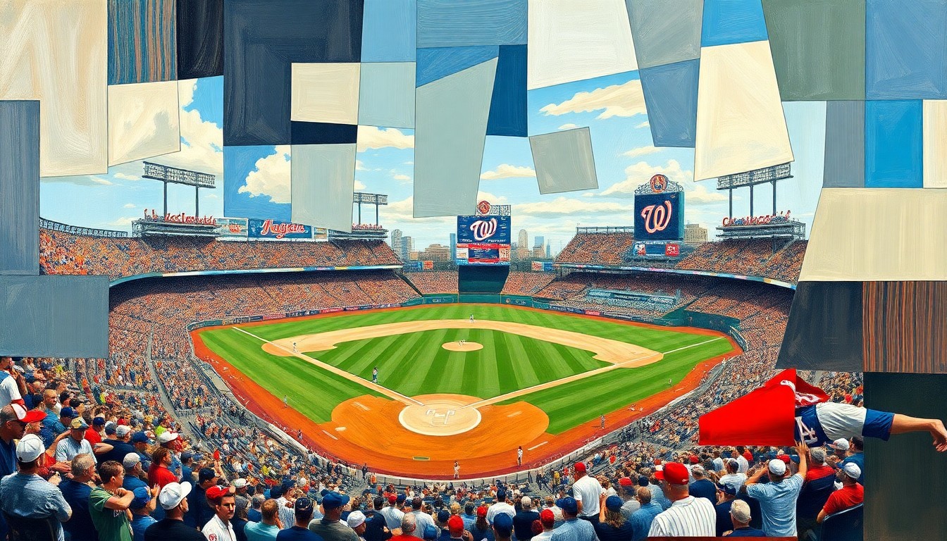 A fragmented, geometric painting depicting a baseball game in progress, with players and field elements broken down into sharp, overlapping planes of color and shape.