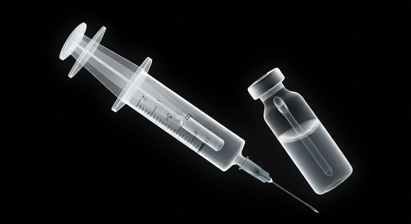 A translucent X-ray photograph showing the intricate internal structure of a syringe and vial, conveying the clinical and medical nature of the story through the ghostly, glowing visualization of the equipment.