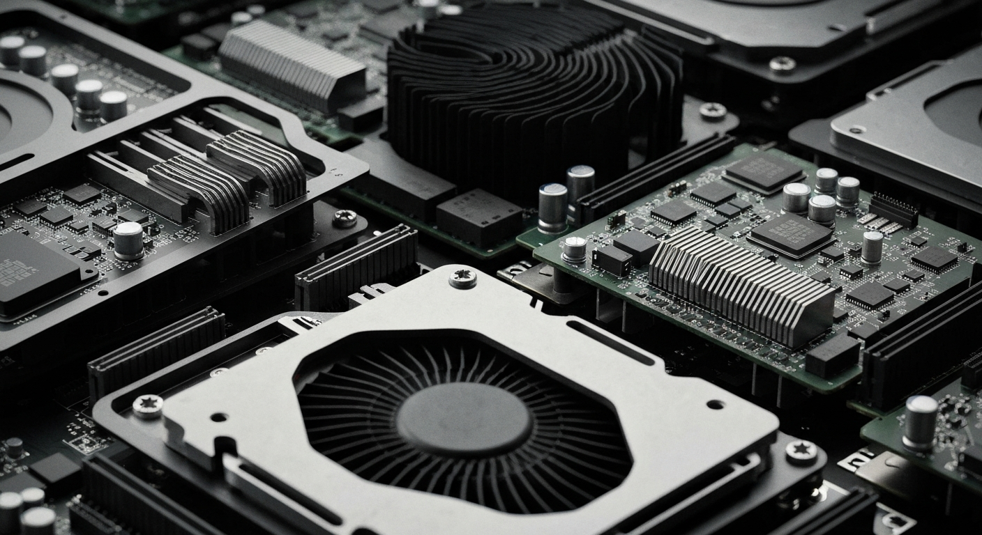 An extreme close-up of NVIDIA's intricate GPU hardware components, including circuit boards, cooling systems, and interconnects, rendered in a gritty, industrial style that conveys the power and complexity of the company's technology.