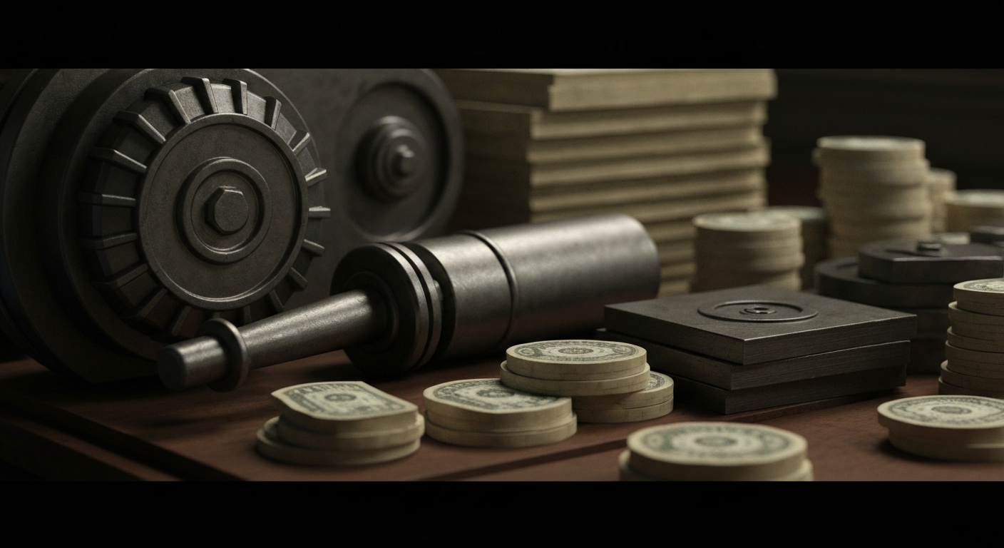An extreme close-up of intricate gears, levers, and other industrial banking machinery, conveying a sense of the complex financial infrastructure that powers modern transactions.