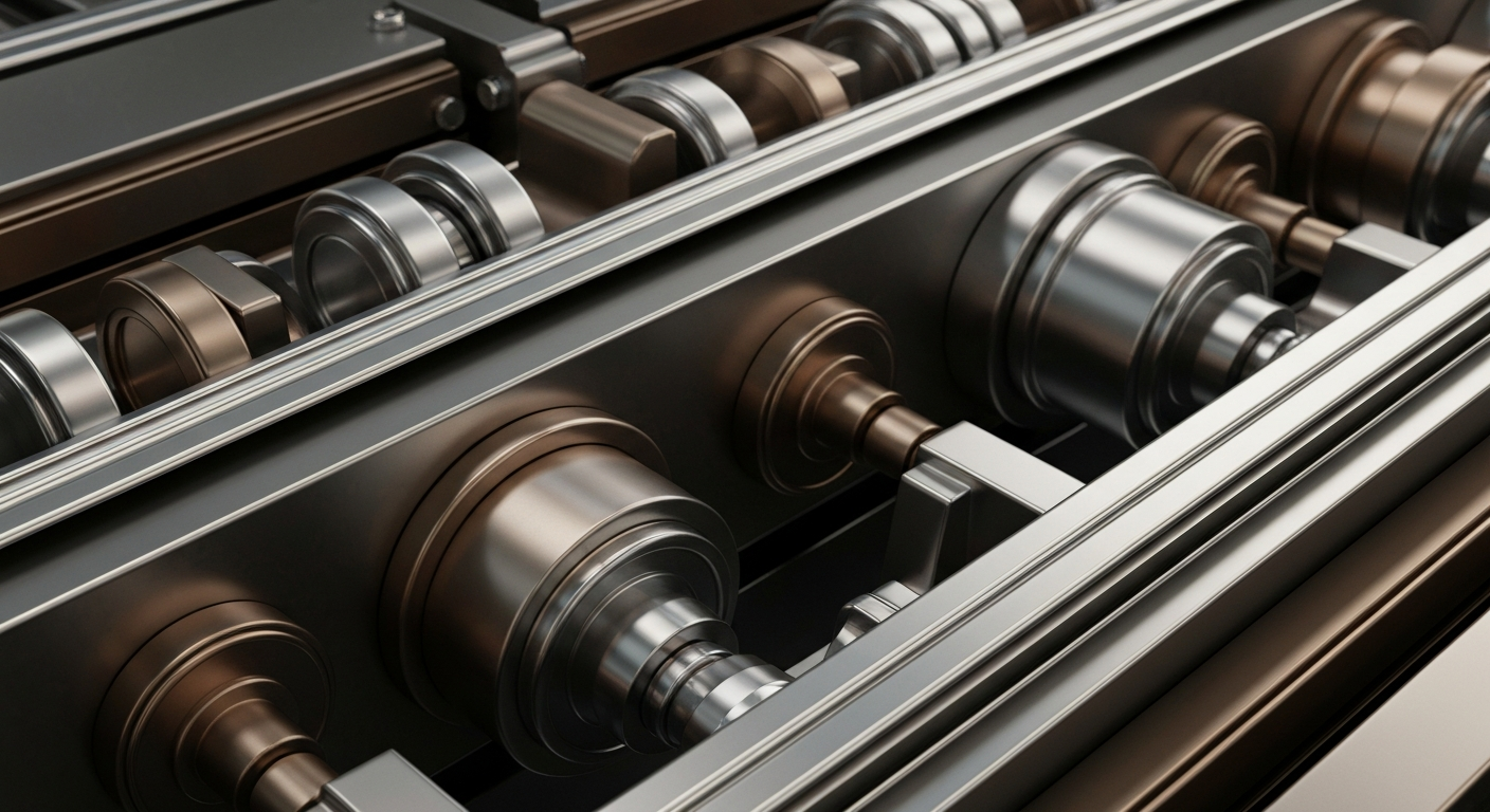 A dramatic, high-contrast close-up of intricate, metallic banking mechanisms and gears, conveying the secure and powerful infrastructure of the financial industry.