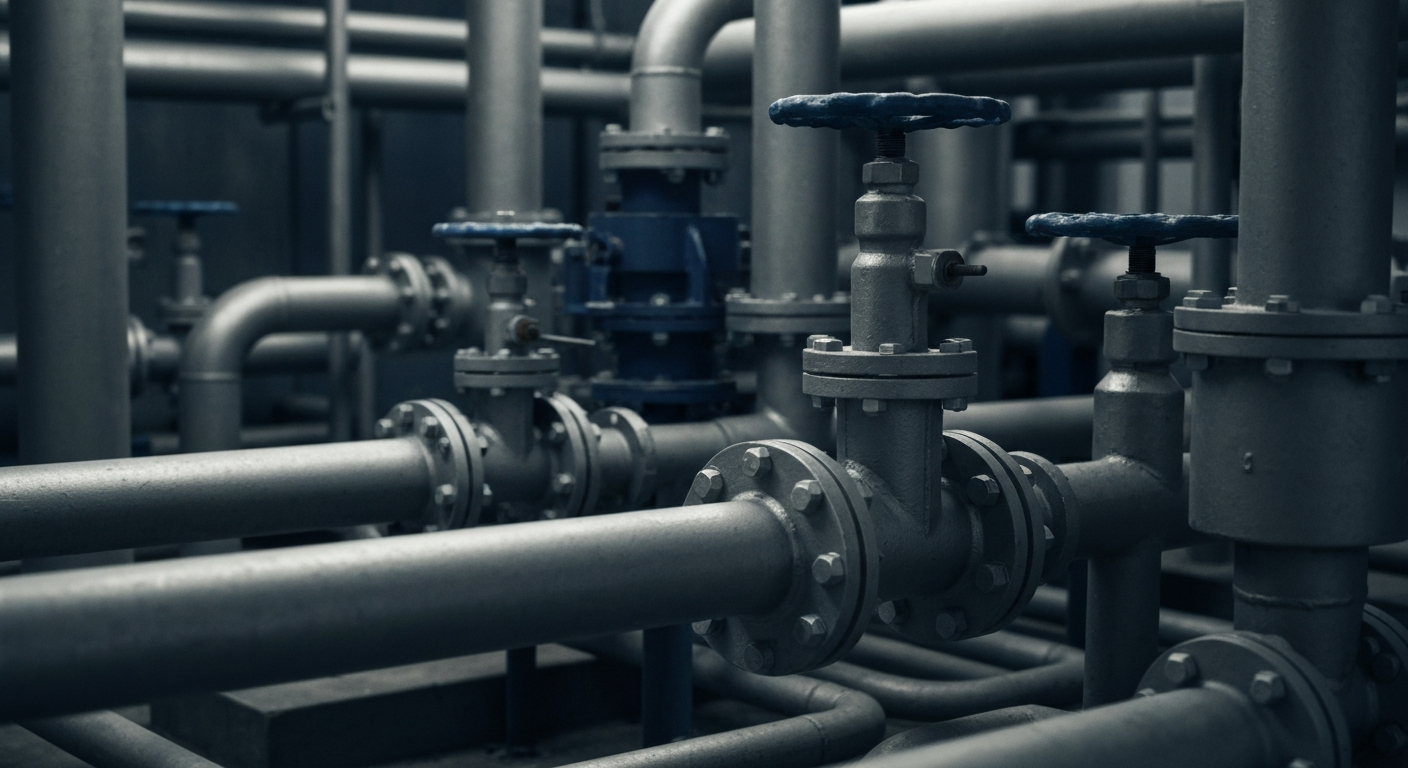 An extreme close-up of industrial water pipes, valves, and machinery in muted tones, conceptually representing the critical infrastructure and mechanics of a regulated utility company.