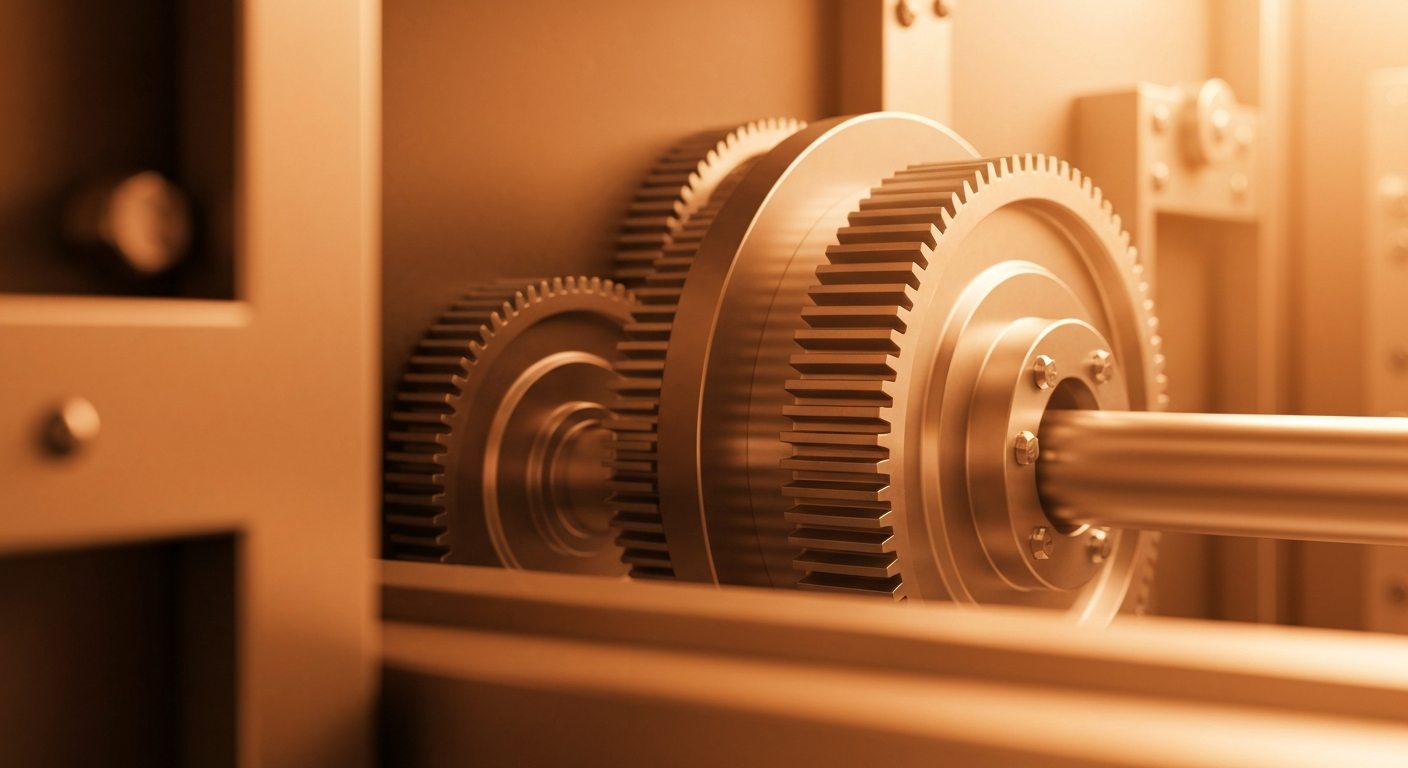 A highly detailed, cinematic close-up image of the heavy, industrial machinery and gears that make up the inner workings of a banking vault, conveying a sense of financial security and institutional power.