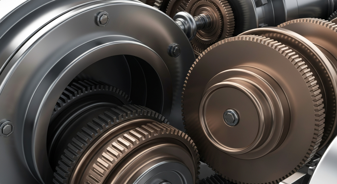 An extreme close-up of intricately detailed banking machinery and gears in shades of steel, bronze, and black, conveying the secure infrastructure and institutional power of the financial industry.