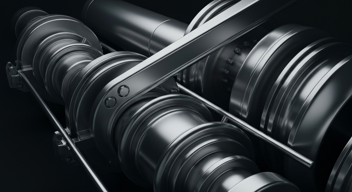 An extreme close-up of intricate, metallic railcar components and machinery, dramatically lit to convey a sense of industrial power and scale without using any text or identifiable branding.