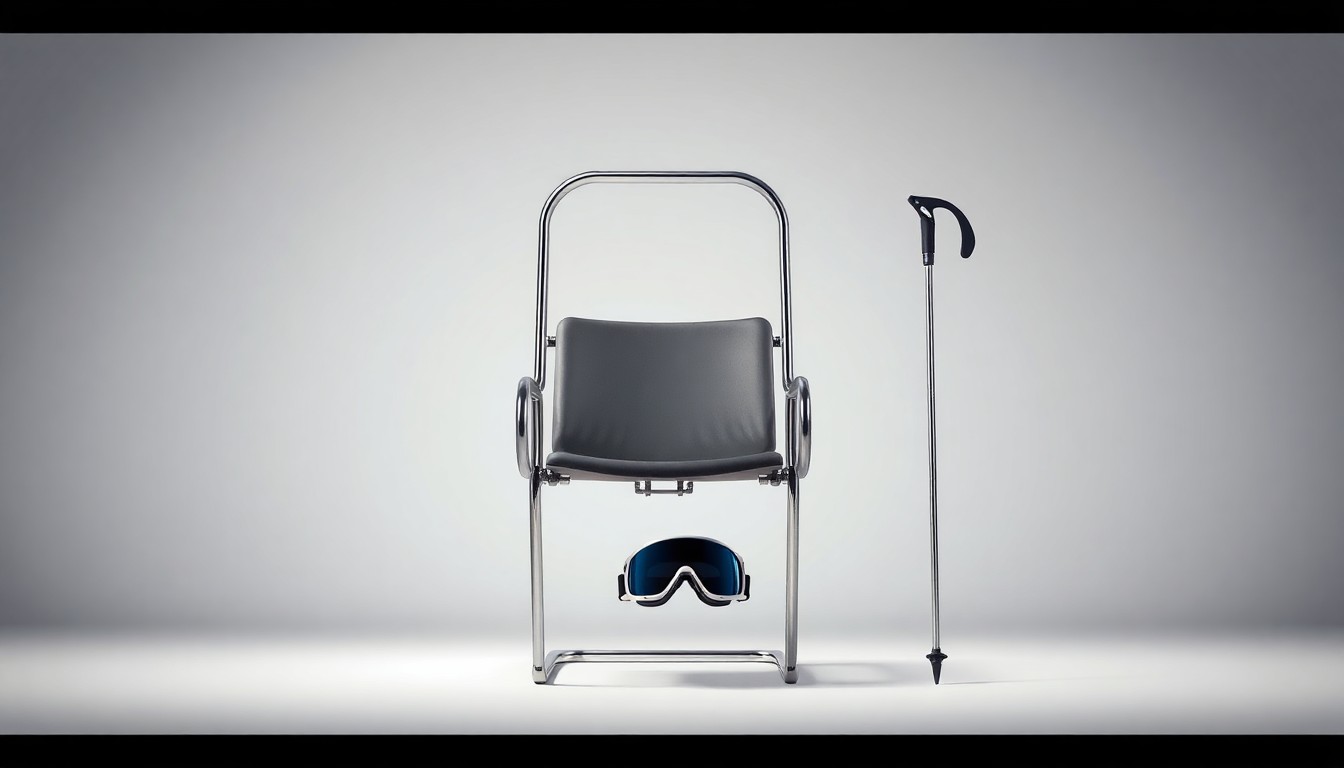 A photorealistic studio still life featuring a polished metal ski lift chair, a pair of premium ski goggles, and a sleek metal ski pole, conceptually representing the high-end nature of the ski resort industry.