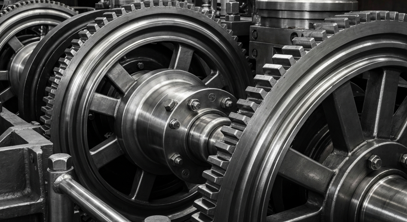 An extreme close-up of intricate, heavy industrial machinery and gears, conveying the scale and power of the coal mining industry without any text or identifiable elements.