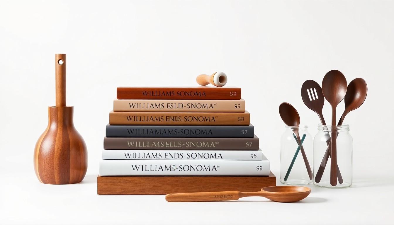 A high-end studio photograph featuring a stack of Williams-Sonoma cookbooks and kitchen tools arranged elegantly on a clean, white background, conveying the brand's premium quality and timeless design.