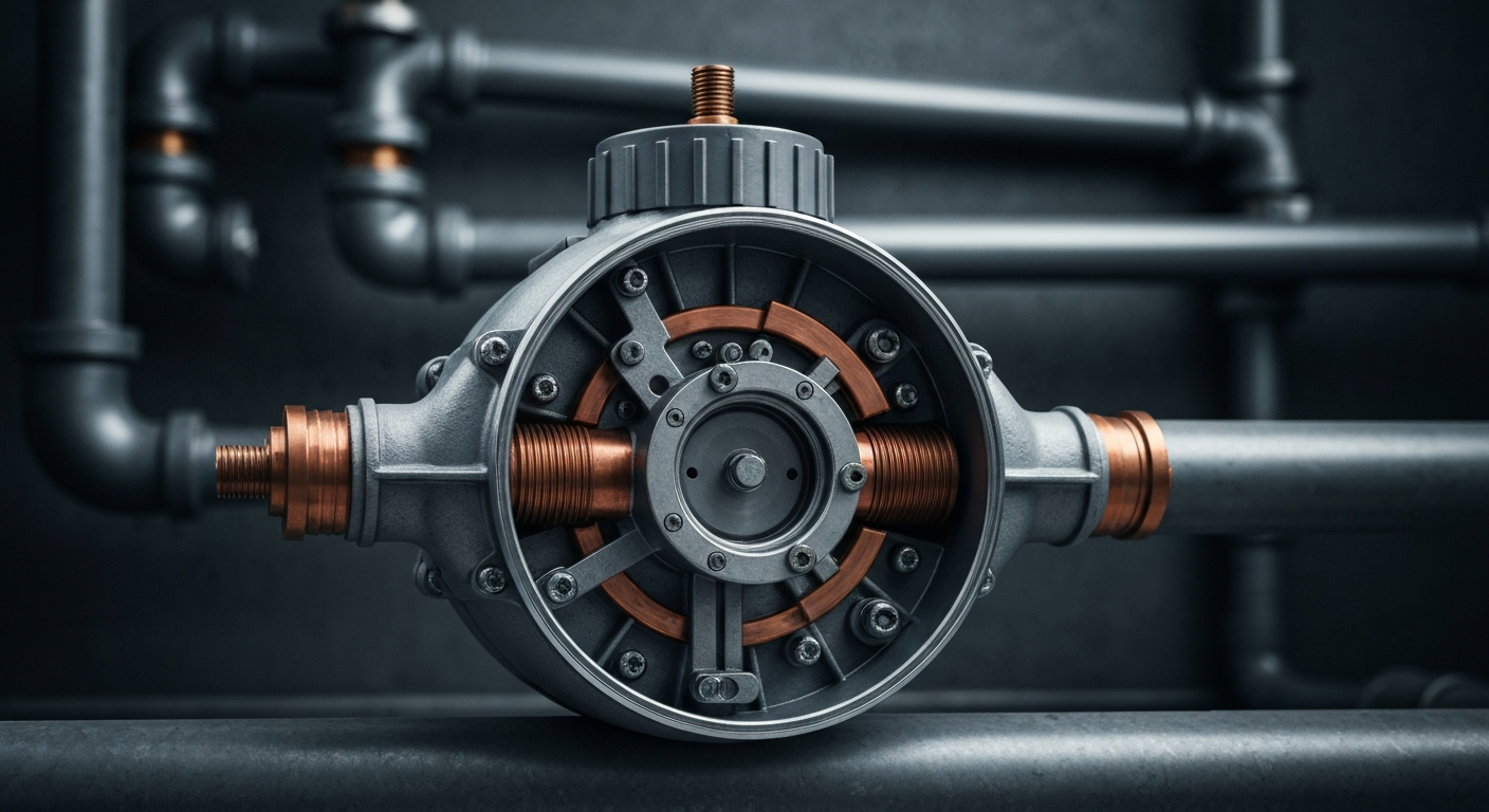 An extreme close-up of the complex inner workings of a water meter, with gears, valves, and sensors rendered in a high-contrast, industrial style that conveys the precision and importance of Badger Meter's measurement and control technologies.