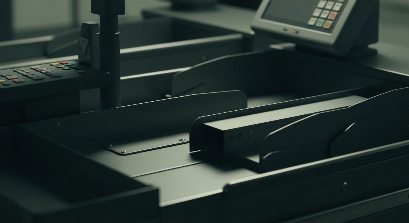 An extreme close-up of the complex gears, circuits, and metal components that make up the internal workings of a modern retail checkout counter, conveying the tangible infrastructure behind the company's steady growth.