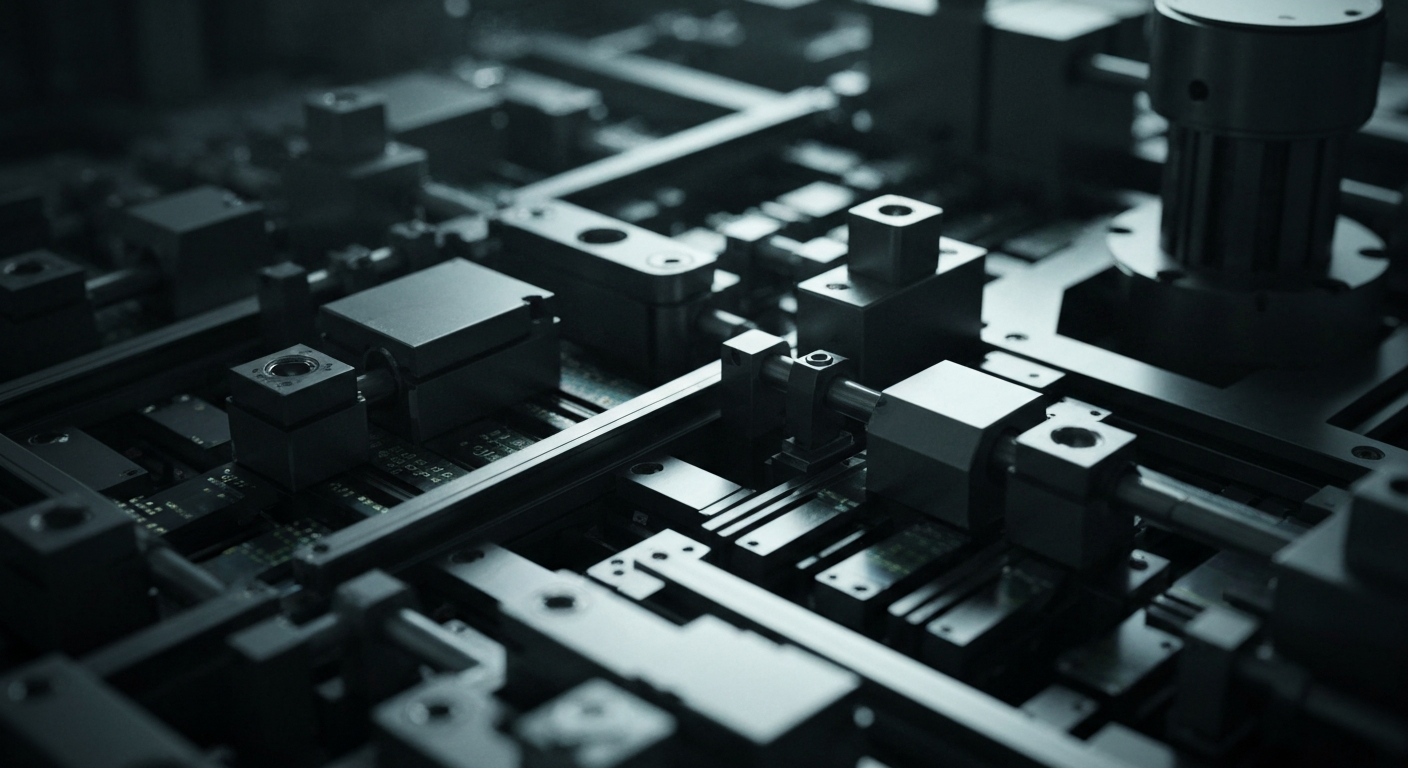 An extreme close-up of complex, industrial semiconductor manufacturing equipment and machinery, conveying the power and sophistication of Ambarella's video processing and computer vision technology.