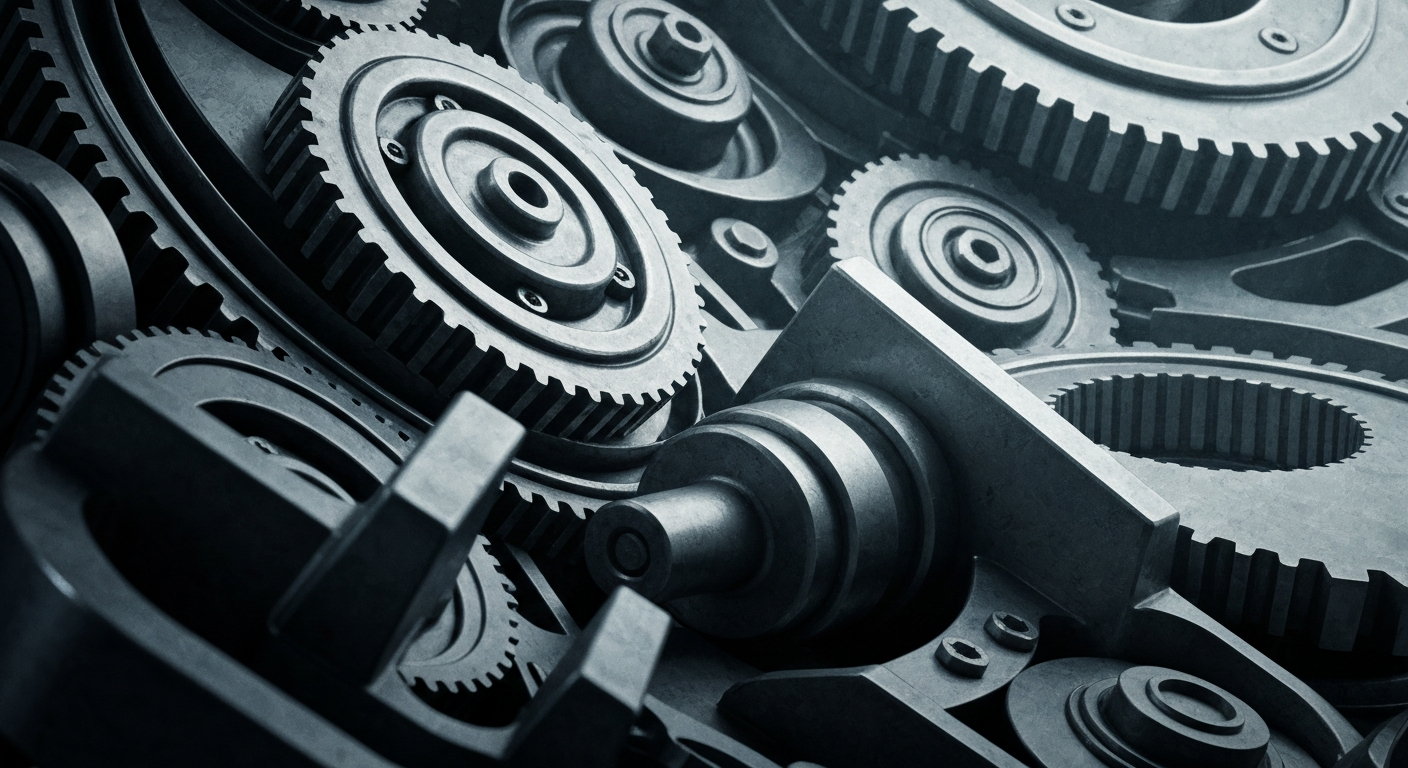 An extreme close-up of a network of industrial gears and machinery in muted shades of grey, blue, and black, conceptually representing the institutional financial infrastructure supporting the precious metals industry.