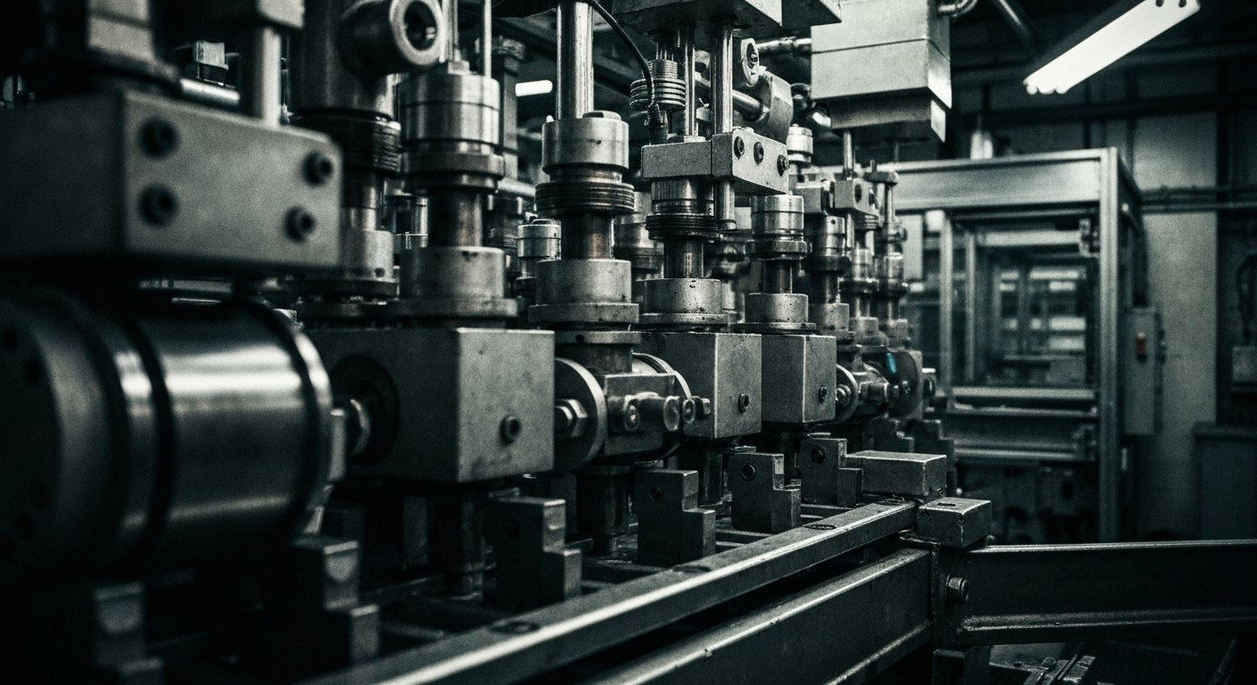 A close-up, cinematic image of the intricate machinery and mechanisms inside a high-tech shoe manufacturing facility, captured in a dramatic, textured style that represents the industrial power and precision behind Crocs' iconic foam footwear.