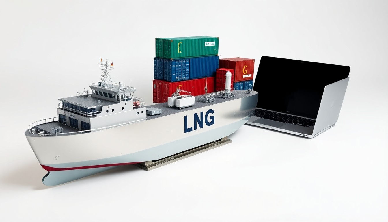 A minimalist studio still life featuring a polished chrome LNG tanker model, a stack of shipping containers, and a sleek laptop computer, symbolizing Cheniere Energy's role as a major player in the global LNG trade.