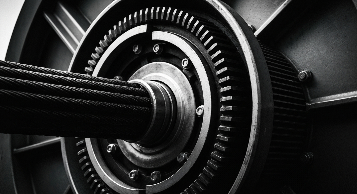 A close-up, high-contrast black and white image of the complex gears and machinery that make up the physical infrastructure of a broadband cable spool, conveying the raw power and industrial nature of the technology that underpins the cable and internet service provider industry.