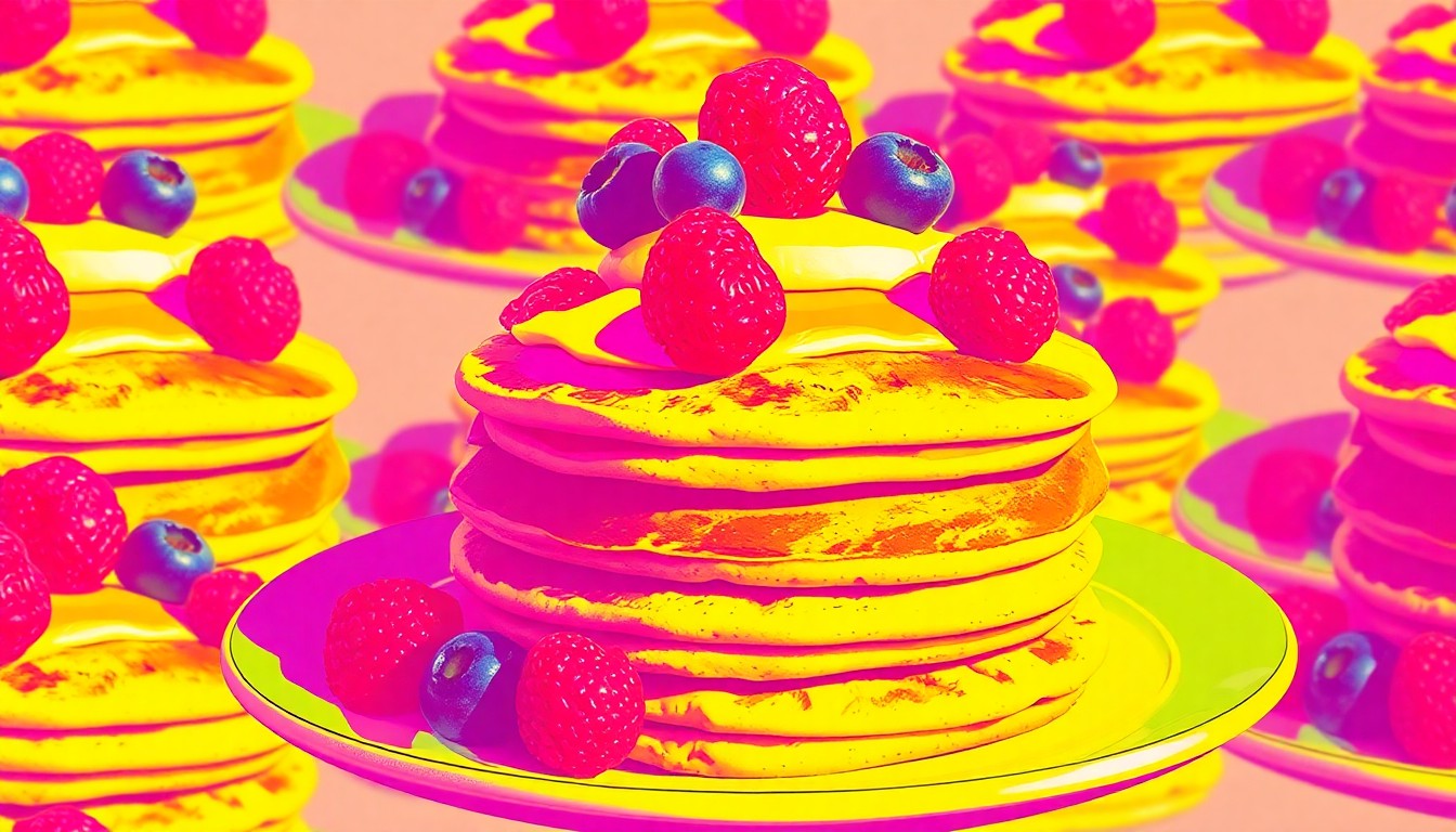 A brightly colored, high-contrast silkscreen print of a stack of fluffy pancakes topped with fresh berries, repeated in a tight grid pattern, conceptually representing the diverse and creative brunch offerings found across Brevard County.
